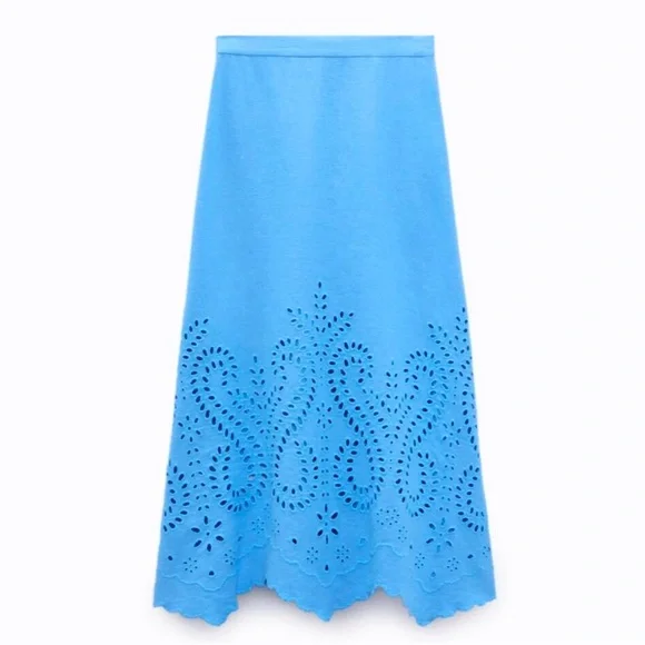 ZARA Linen Cut-Out Eyelet Coastal Blue Midi Skirt